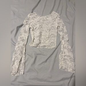 White Long Sleeve Floral Cropped Neckline Top